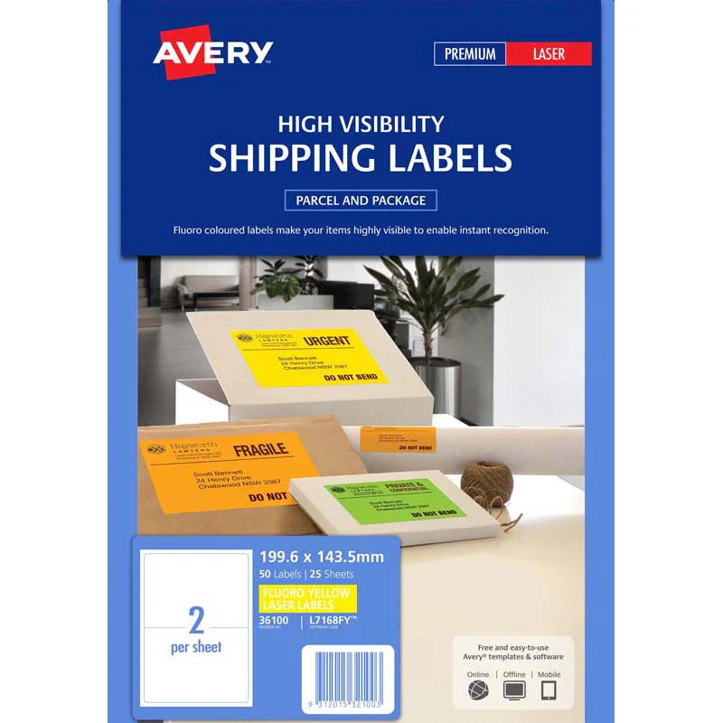 Avery Shipping Label Fluoro Yellow 2 Up 25 Sheets 199.6x143.5mm - Nail Gallerys