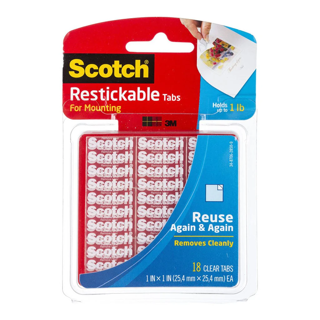 Scotch Restickable Mounting Tabs R100 25x25mm Pack Of 18 Tabs - Nail Gallerys