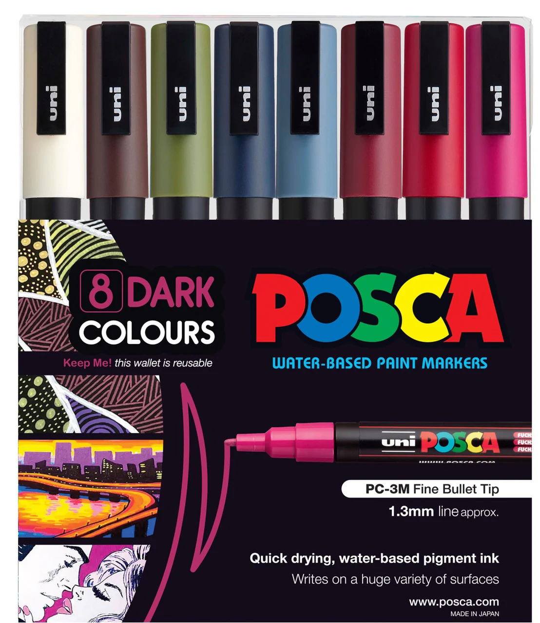 Uni Posca PC-3M 0.9-1.3mm Fine Dark Colour Markers Set of 8 - Nail Gallerys
