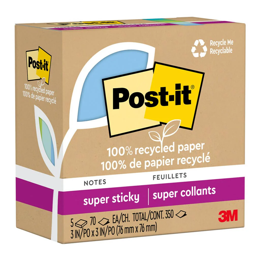 Post-it 100 Recycled 76x76mm Oasis Super Sticky Notes Pack of 5 - Nail Gallerys