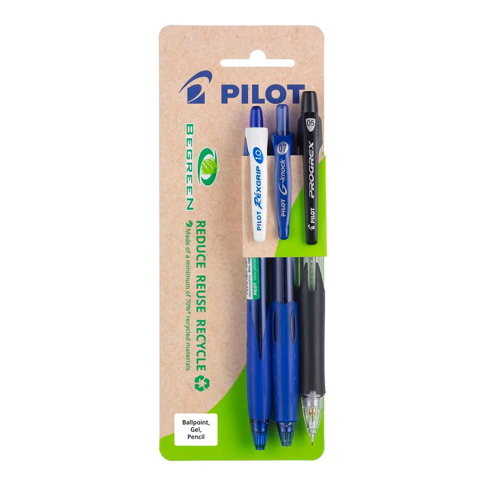 Pilot Begreen Rexgrip G-knock Progrex Pens Assorted Pack Of 3 - Nail Gallerys