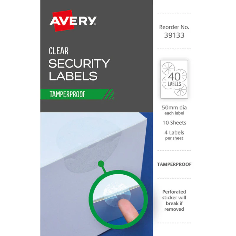 Avery Tamper Proof Label 39133 Clear Dot 50mm 4up 10 Sheets - Nail Gallerys