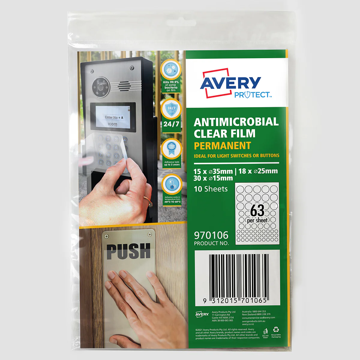 Avery Protect Anti-microbial Film Permanent Mixed Circles A4 63up 10 Sheets - Nail Gallerys