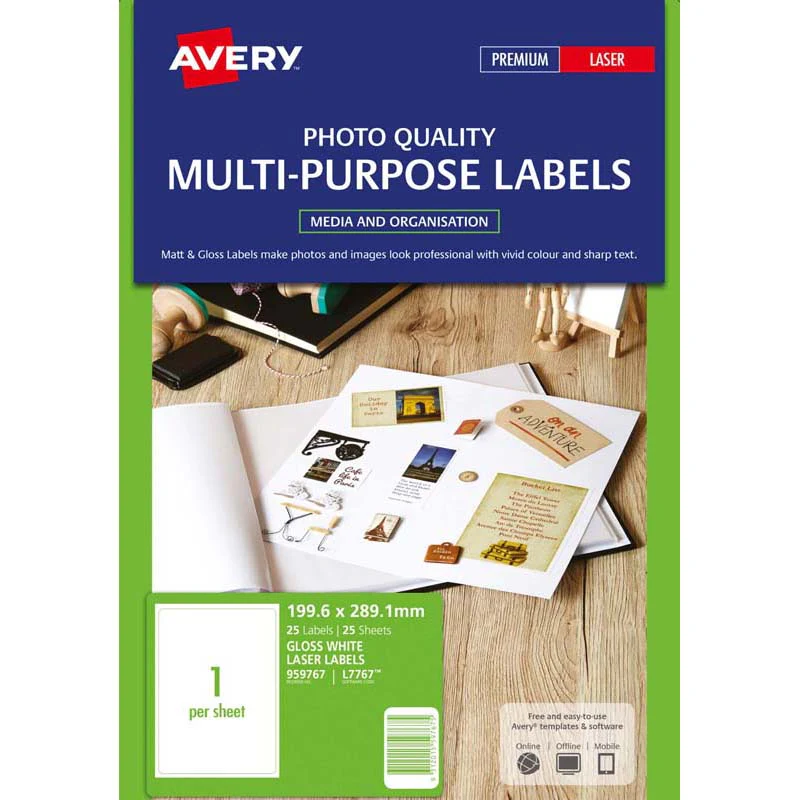 Avery Multi-purpose Laser Label L7767-25 Coloured 200x289mm 25 Sheets - Nail Gallerys