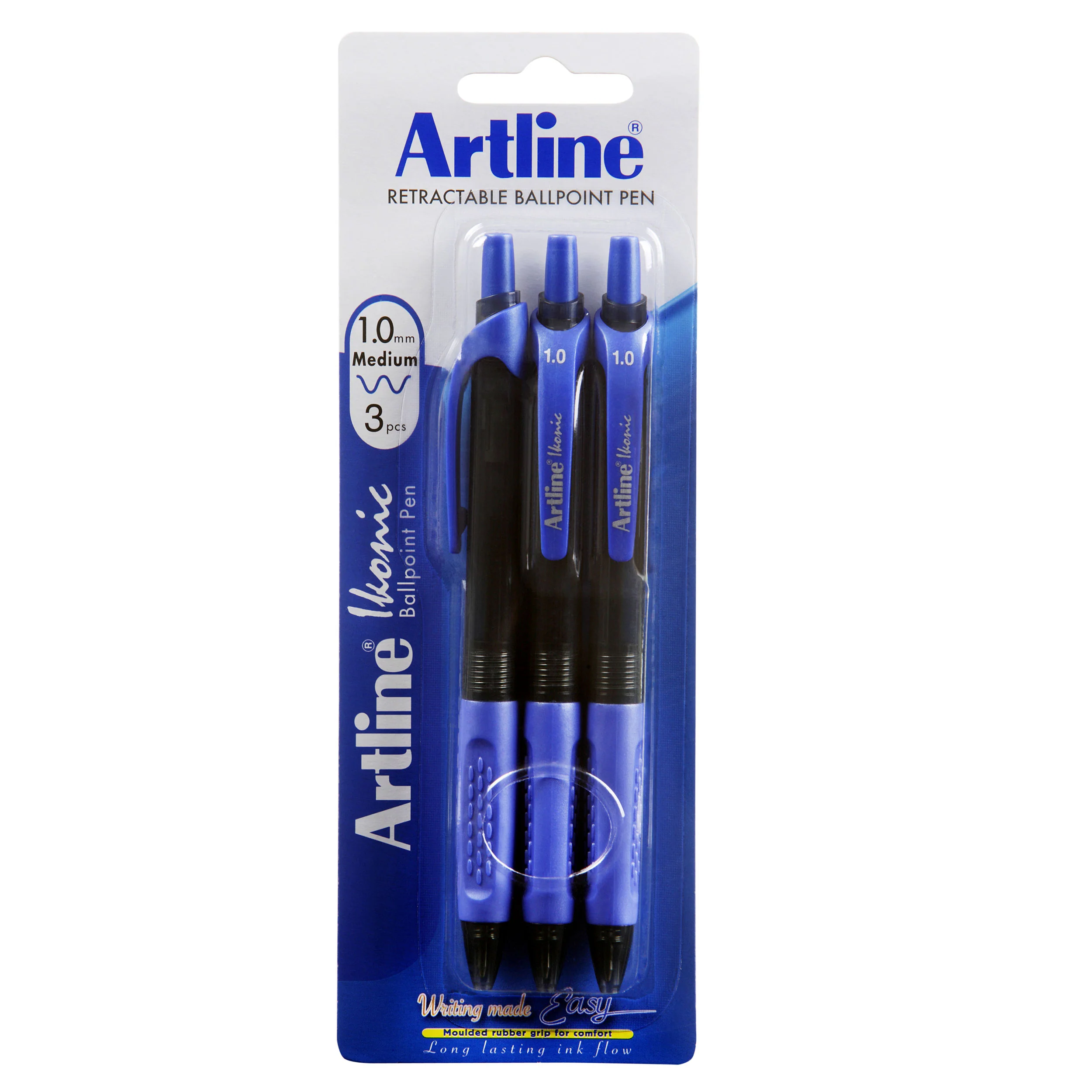 Artline Ikonic Ballpoint Pen Retractable Grip Medium Blue - Pack Of 3 - Nail Gallerys