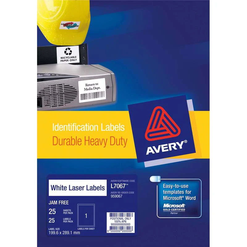 Avery Heavy Duty Id Laser Label L7067 White 1up 25 Sheets 199.6x289.1mm - Nail Gallerys