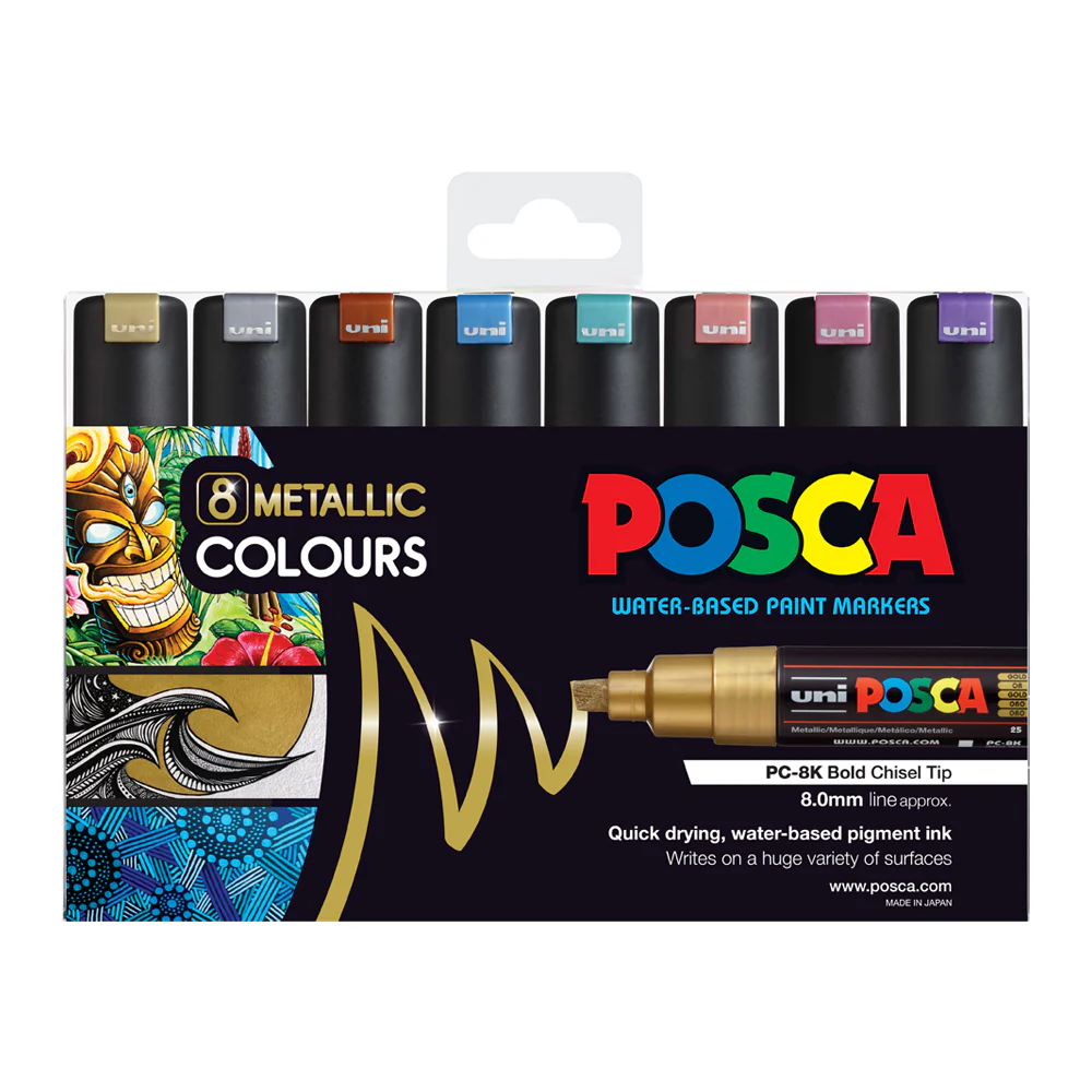 Uni Posca PC-8K 8.0mm Bold Chisel Tips Metallic Markers Set of 8 - Nail Gallerys