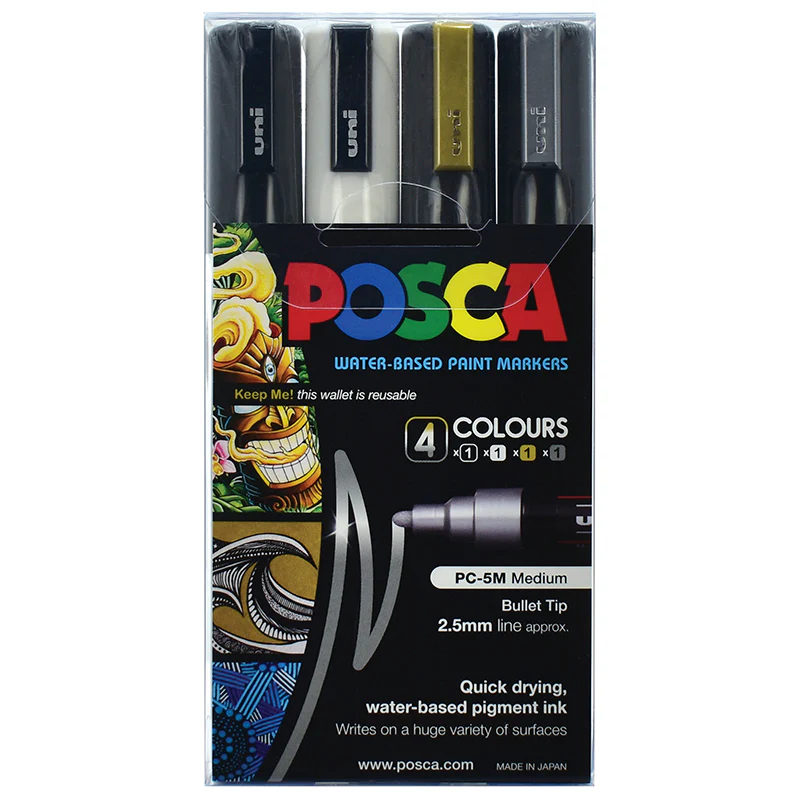 Uni Posca PC-5M 1.8-2.5mm Med Bullet Black White Gold Silver Markers Set Of 4 - Nail Gallerys