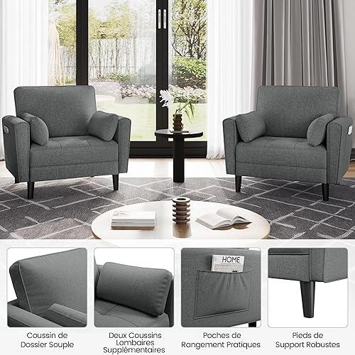 Yaheetech Fauteuil de Salon Moderne avec Accoudoir et Poches Fauteuil Relax avec Coussins Cadre en Bois Fauteuil Chambre en Tissu pour Salon Gris - Nail Gallerys