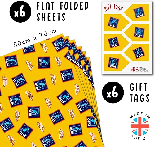Central 23 - Papier Cadeau Amusant - 6 Feuilles de Papier Cadeau - 'Happy Birthday Oldi' - Bleu Jaune - Pour Mari Femme - Maman Papa - Recyclable - Livré avec Étiquettes et Autocollants - Nail Gallerys