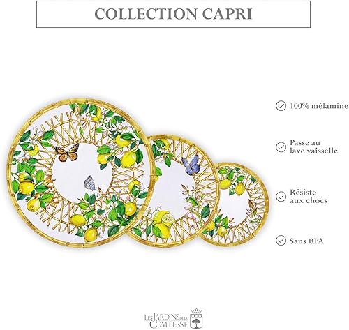 Les Jardins de la Comtesse - Grande Assiette Plate en Mélamine - Capri - Ø 28 cm - Citrons jaunes - Service de Table de la Vaisselle Quasi-Incassable MelARTmine - Nail Gallerys