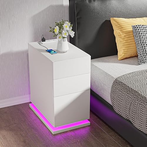 Lvhecforhm Tables de Chevet avec lumière LED, Table Basse avec Prises Électriques et Ports USB, Table d’Appoint avec Tiroirs et Étagères Rangement, Gris 40x40x61cm Adaptée Aux Petits Espaces Salon - Nail Gallerys