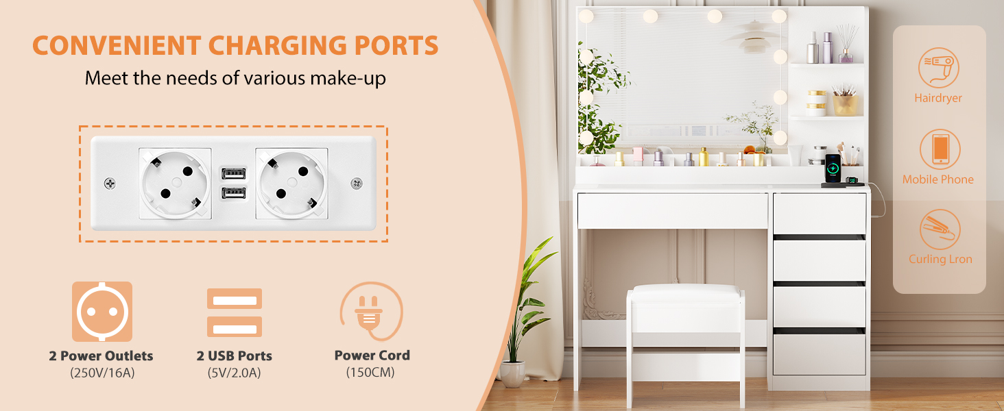 Table de Maquillage avec Prise de Courant,Tiroirs,Armoire,Coiffeuse pour Chambre Blanc vanity table