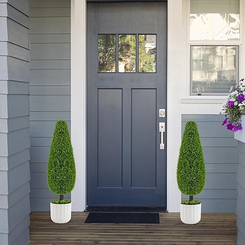 COSTWAY Lot de 2 Arbres Arbustes de Cèdre Artificiel 90 cm en Forme de Larme, Fausse Plante Topiaire en Pot en Plastique avec Ciment Fausses Vignes, Décorations Plantes pour Maison Porche - Nail Gallerys