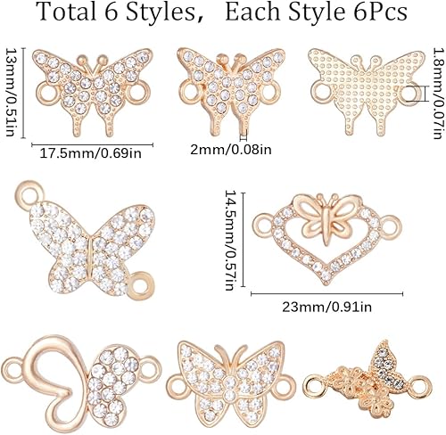 SUNNYCLUE 1 Boîte 32 Pcs 8 Styles Coeur Lien Charmes Alliage Connecteur Charmes Creux Strass Amour Charme Métal Arbre Papillon Connecteurs Charme pour Bijoux Collier Ras du Cou Faire Noël Saint Valent - Nail Gallerys