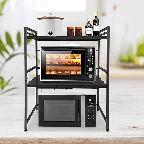 YRHome Étagère à micro-ondes extensible à 3 niveaux - Noir - Avec 8 crochets de suspension - Organisateur de boulangerie - Étagère à micro-ondes - Plan de travail de cuisine pour cuisine - Nail Gallerys