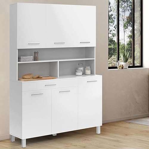 IDMarket - Buffet de cuisine 120 CM CINA 6 portes + tiroir blanc et blanc brillant - Nail Gallerys