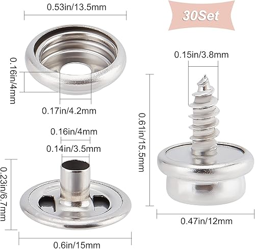 GORGECRAFT Lot de 30 Boutons-Pression en Acier Inoxydable de Qualité Marine avec 5/8' Boutons-Pression en Toile pour Bateau, Tapis, Meubles - Nail Gallerys