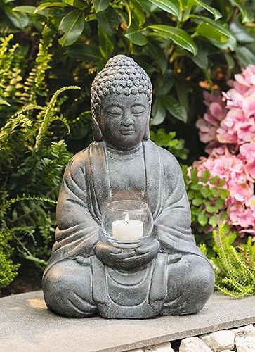 Dekoleidenschaft Figurine décorative Bouddha illuminée en ciment aspect pierre avec photophore en verre 33 cm de haut Décoration de jardin pour l'extérieur - Nail Gallerys