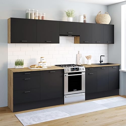 IDMarket - Cuisine complète casserolier 300 CM Subtil avec Plan de Travail 9 éléments Bois et Noir - Nail Gallerys
