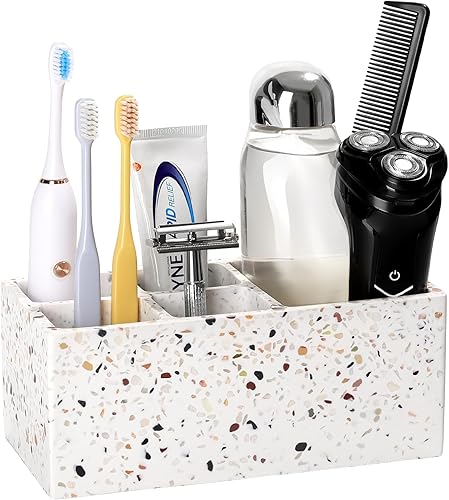 Luxspire Porte Brosse à Dents, Support de Brosse à Dents en Résine avec 5 Fentes, Distributeur de Dentifrice Hygiénique, Organisateur Salle de Bain Ventouse pour Rasoir Dentifrice, Terrazzo - Nail Gallerys