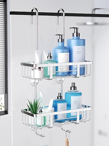 Jockcaras Étagère de Douche à Suspendre Sans Perçage - Support de Shampooing pour Porte en Verre - 2 Paniers et 2 Crochets pour Paroi - En Acier - Nail Gallerys