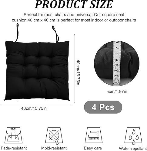 Hengrongshen 4 Pièces Coussins de Chaise d'Intérieur Noir, Coussin de Chaise 40 x 40, Coussin Chaise avec Liens, Coussin Chaise Exterieur pour Chaise de Bureau, Chaise d'Ordinateur, Chaise de Jardin - Nail Gallerys