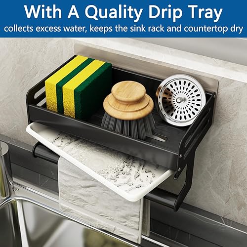 FOXWHALE Porte Eponge Evier Cuisine, Organisateur Evier Cuisine avec bac à Goutte et Porte - Serviettes, Auto-adhésif Support Eponge Evier Cuisine pour Éponge, Brosse de Nettoyage (Noir) - Nail Gallerys