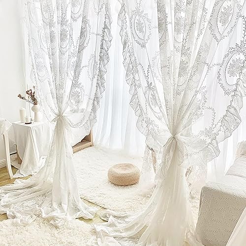 QTQHOME Blanc Dentelle Voilage, Vintage Broderie De Fleurs, Français Princesse Volants Rideaux De Fenêtre pour Chambre Balcon Mariage Décor - Blanc 150x220cm (59x87inch) - Nail Gallerys