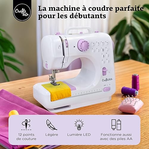 Crafts&Co® Machine à coudre pour débutants avec lumière LED intégrée et pédale | 12 points | Mini machine à coudre avec surjet | Singer | Pfaff | Blanc-Violet - Nail Gallerys