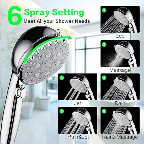 VewePata Kit de douche à main avec 6 + 1 types de jet, douchette haute pression avec interrupteur marche/arrêt économe en eau (pommeau de douche argenté avec tuyau) - Nail Gallerys