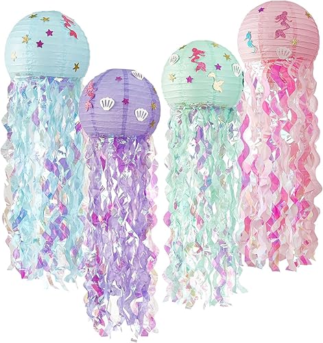 Woyejo Lanterne Méduse, 4 Pièces Lanternes en Papier Sirène pour Anniversaire Lanternes en Papier de Méduses pour Maison Décoration d'anniversaire sur Le Thème de L'océan Mariage Fête sous la Mer - Nail Gallerys