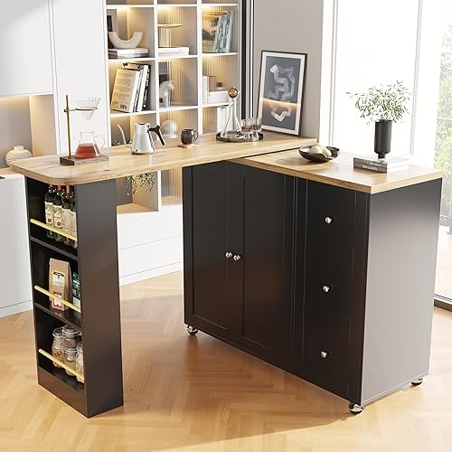 Zepneiy Îlot de Rangement Rotatif à 360° (138-209 x 39 x 104 cm) sur roulettes avec Trois tiroirs et Porte-Snack, Blanc - Nail Gallerys