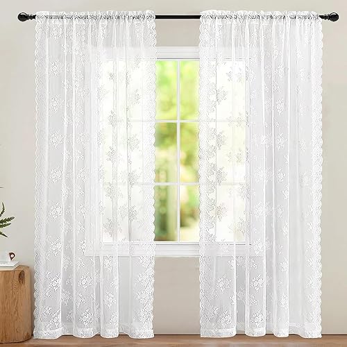 PORFOYO Lot De 2 Rideaux en Dentelle Blanche, Rideau en Dentelle, 150x200 Cm Transparent avec Motif Floral, Idéal pour Salon, Chambre À Coucher, Cuisine, Décoration Romantique Et Rurale - Nail Gallerys