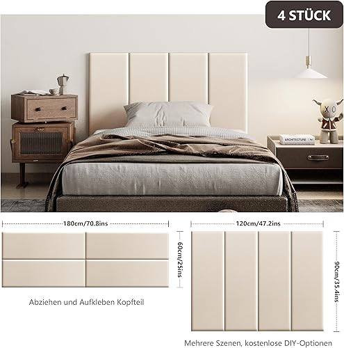 Johnear Lot de 4 coussins muraux 3D, en cuir rembourré, pour tête de lit, décoration murale, acoustique, pour chambre d'enfant, 90 x 30 cm, beige - Nail Gallerys
