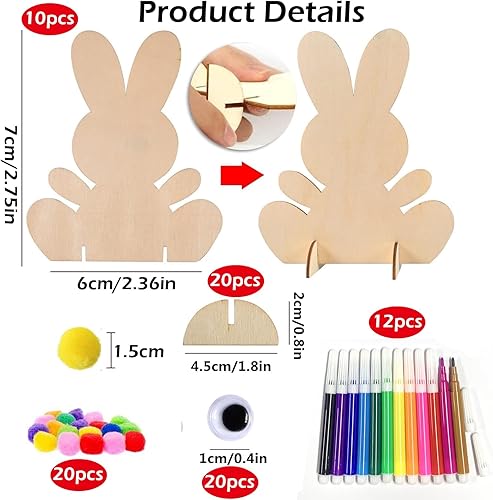 Mrracxy 10PCS Lapins en Bois à Peindre, kit de décoration de lapin de Pâques, Artisanat en Bois de Pâques avec Mini Pompons Colorés et Yeux Roulés DIY Enfants Printemps pour Pâques Décorations - Nail Gallerys