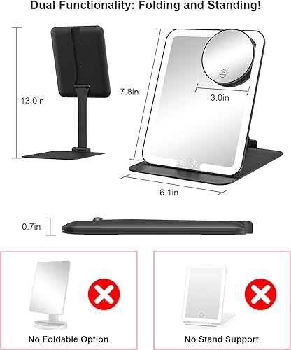 Gospire Miroir de maquillage de voyage avec lumières et grossissement x10, miroir de table compact portable avec support réglable, 3 lumières colorées, miroir de courtoisie lumineux LED rechargeable – - Nail Gallerys