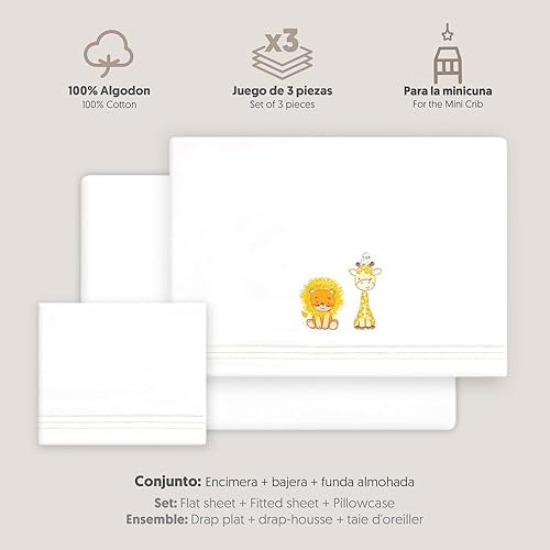 Interbaby Parure de lit bébé en Coton pour Berceau Motif Lion Girafe Oiseau 3 pièces Drap-Housse + Drap Plat + taie d'oreiller - Nail Gallerys