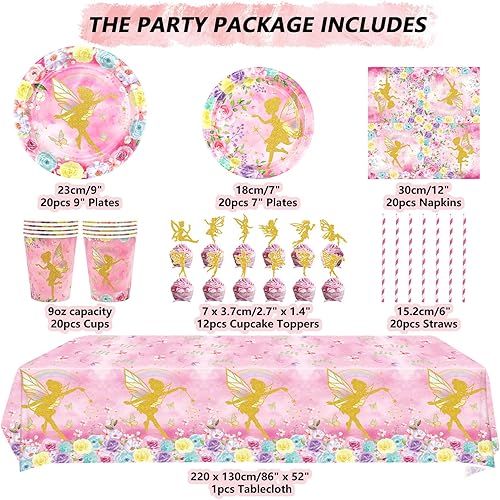 Fournitures de fête de fées: assiettes, verres, nappes, bannières de joyeux anniversaire, ballons, décorations de gâteau de fête d'anniversaire pour filles avec fleurs et fées - Nail Gallerys