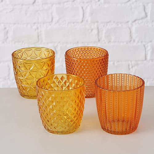 Seaside No.64 - Lot de 4 photophores en verre 7,5 x 7,5 cm – Photophore pour une ambiance romantique – Bougeoir avec différents designs – Ornements rétro en cristal – (orange, set) - Nail Gallerys