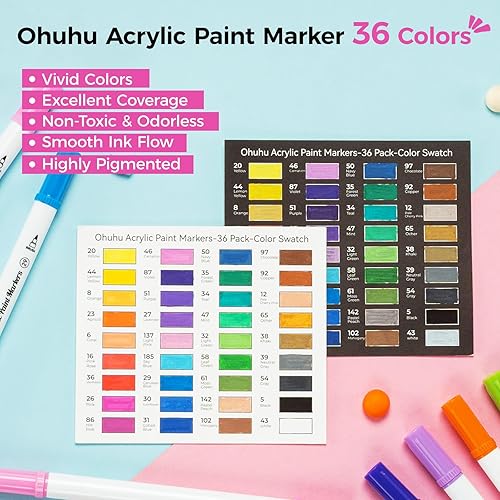 Stylos de peinture acrylique, Ohuhu 36 couleurs à double pointe (fine et pinceau) Stylos acryliques - Imperméables et résistants à la lumière pour pierre, œufs, bois, verre, céramique, toile - Nail Gallerys