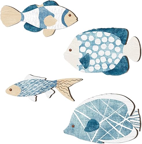 Fruusv Lot de 4 décorations murales en bois en forme de poisson à suspendre au mur, style nautique côtier, décoration de plage vintage, bleu et blanc, idéale pour l'intérieur et l'extérieur, 0,5 cm - Nail Gallerys
