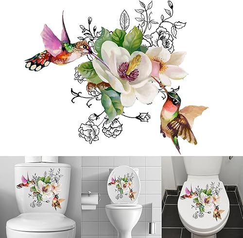 PEPWE Autocollant WC Oiseaux et Fleurs Salle de Bain Abattant WC Stickers Muraux - PVC - Multicolore - 30 x 30 cm - 1 unité - Nail Gallerys