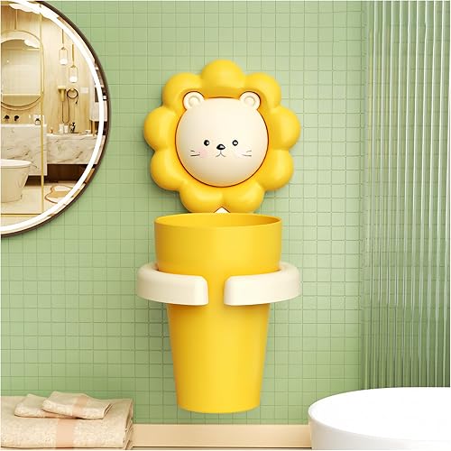 Gobelet Porte Brosse à Dents,Gobelet Brosse à Dent et Dentifrice pour Enfants et Bébés Étanche Auto-adhésif Mural Motif Animaux de Dessin Animé Gobelet Mural sans Perforation,Lion Jaune - Nail Gallerys