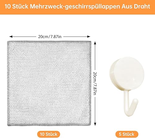 Sheryl&Rain 10 Pièces Chiffons à Vaisselle en Fil de récurage Polyvalents Anti-Rayures avec 5 Crochets adhésifs, Torchon Métallique Réutilisables pour humides et secs - Nail Gallerys