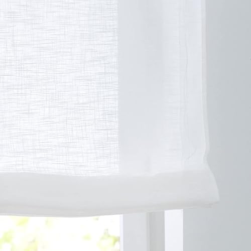 Woody Store romain blanc avec passants et boules en bois, pur coton, aspect lin, largeur 80 cm x hauteur 140 cm - Nail Gallerys