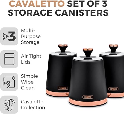 Tower Cavaletto T826131BLK Lot de 3 boîtes de Conservation pour thé/café/Sucre Acier Noir/Or Rose - Nail Gallerys