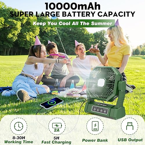 Multper Ventilateur de Camping 10000mAh, Ventilateur Portable Rechargeable 4 Vitesses, Ventilateur USB Silencieux avec Lumière LED, Télécommande et Crochet, Ventilateur de Bureau pour Maison Camping - Nail Gallerys