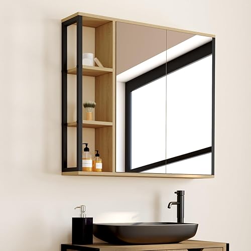 IDMarket - Meuble de rangement suspendu avec miroir et étagères pour salle de bain DETROIT design industriel - Nail Gallerys