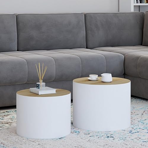 IDMarket - Lot de 2 Tables Basses cylindres gigognes Galia Bois et Blanc - Nail Gallerys